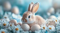 Adorable bunny with blue eyes among fresh eggs and blooming daisies on soft blue background, spring holiday composition for Easter season celebration.
