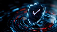 Glowing shield with checkmark icon on dark background with futuristic HUD interface elements in blue and red colors, representing cybersecurity protection.