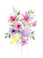 Watercolor floral bouquet with pink roses, purple flowers and lily on white background for wedding invitations and greeting cards.