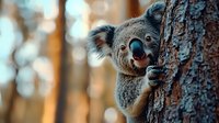 Curious koala bear climbing eucalyptus tree trunk in natural habitat. Close up portrait with bokeh background shows furry marsupial in Australian wilderness.