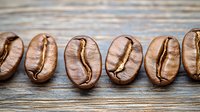 Macro shot of roasted coffee beans arranged in line on rustic wooden surface showing rich brown color and natural texture of arabica beans.