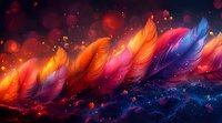 Vibrant feathers in orange, pink and purple float against dark cosmic background with glowing particles and bokeh effects creating magical atmosphere.