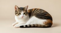 Tabby and white domestic cat with striped markings lying down on neutral background, suitable for pet care, veterinary, and animal-related design projects.