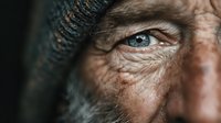 Extreme close-up of elderly Caucasian man's weathered face showing deep wrinkles and bright blue eye with knit cap for aging and wisdom concepts.