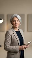 Mature woman with white hair wearing beige blazer and black top, holding tablet device in modern office setting with neutral background, suitable for corporate, business, and professional contexts.