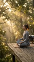 Young woman practicing mindfulness meditation outdoors on wooden deck surrounded by golden sunlight filtering through trees for wellness and relaxation.