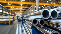 Industrial warehouse interior with stacked metal steel pipes and yellow overhead cranes. Manufacturing facility showing metalwork production line with worker in background.