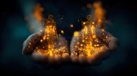 Glowing golden silhouettes emerge from cupped hands against dark background, magical energy particles and light effects create mystical spiritual atmosphere.