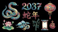Colorful decorative snake and lantern elements with Chinese characters for year of the snake 2037, featuring lotus flower, bamboo, and traditional ornaments on transparent background, ready for t-shirt design, clipart, stickers, sublimation, and print-on-demand projects.