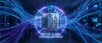Digital banking security concept with glowing server tower surrounded by flowing data streams and network connections in futuristic cyber environment.