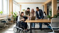 Diverse business team collaborating in modern office with wheelchair-accessible workspace promoting inclusion and teamwork.