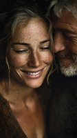 Happy mature couple embracing intimately, woman with freckles smiling with eyes closed, bearded man nuzzling her neck in warm golden light.