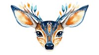 Decorative deer face with ornamental patterns in navy blue and orange watercolor style, featuring mystical floral elements and symmetrical design on white background.