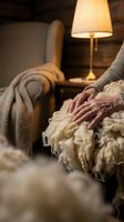 Elderly woman's hands touching soft sheep wool fleece in cozy living room with warm lamp lighting creating peaceful domestic atmosphere for textile crafts.