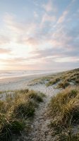 Serene coastal pathway through sand dunes leading to ocean beach at golden hour with dramatic pastel sky and wispy clouds creating peaceful seaside atmosphere.