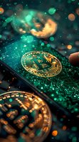 Golden cryptocurrency coins on dark background with turquoise bokeh lights and glitter effects creating magical financial atmosphere.