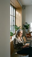 Mature businesswoman with gray hair working on laptop in modern office space with natural light and plants for remote work productivity.