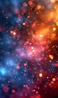 Magical glowing particles and bokeh lights in orange and blue colors create dreamy cosmic atmosphere for festive backgrounds and holiday designs.