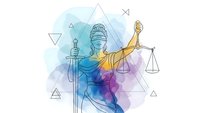 Lady Justice holding scales and sword with geometric shapes on colorful watercolor background for legal and law firm branding materials.