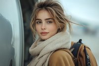 Young Caucasian woman with natural makeup wearing beige scarf and brown coat, carrying backpack outdoors. Soft natural lighting creates dreamy winter atmosphere.