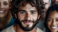 Young Mediterranean man with curly dark hair and beard smiling warmly at camera. Diverse group of people in background showing genuine happiness and positive emotions.
