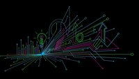 Abstract digital network with glowing lightbulb and colorful circuit lines on black background for technology and innovation concepts.