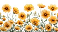 Yellow cosmos flowers with green stems and leaves on white background, watercolor style botanical illustration for nature-inspired designs and floral patterns.