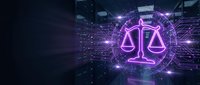 Digital justice scales hologram with purple neon glow in futuristic cyber environment for legal technology and law firm presentations.