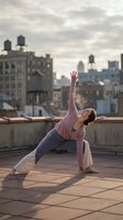 Woman practicing yoga in side plank pose on urban rooftop with city skyline backdrop, wearing pink cardigan and gray leggings during golden hour for wellness and fitness content.