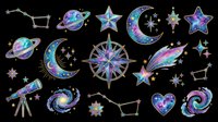 Celestial and space themed clip art collection featuring isolated galaxy patterned elements including planets, moons, stars, compass rose, telescope, and constellations on transparent background. Ready for t-shirt design, stickers, sublimation and print-on-demand projects.