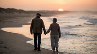 Senior couple walking hand in hand on beach at sunset, romantic golden hour moment by ocean waves, elderly man and woman enjoying peaceful evening stroll together.