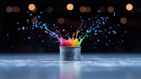 Colorful liquid crown splash in glass jar with vibrant rainbow colors against dark background, frozen moment with water droplets and bokeh lights.