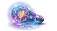 Creative marketing lightbulb with glowing brain and business icons on transparent background for innovative advertising campaigns and entrepreneurship.