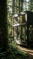 Modern black cabin with large windows nestled among tall forest trees, featuring contemporary architecture and natural woodland setting for residential design projects.