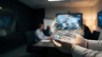 Hand holding glowing digital globe with network connections in modern office environment representing global business technology and connectivity solutions.