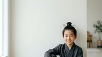 Young Asian woman wearing dark kimono-style robe, smiling at camera against neutral white wall background. Portrait for lifestyle, fashion, wellness, and cultural content use.