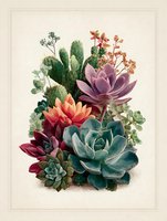 Colorful succulent arrangement with vibrant echeveria, purple and coral flowers, and cacti on neutral background for botanical art.