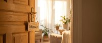 Wooden welcome sign hanging on an open door leading to a bright, cozy living room interior with warm natural light and plants.