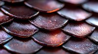 Macro shot of dark red dragon-like scales with water droplets creating shiny, wet texture in overlapping pattern. Artistic abstract background.