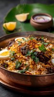 Aromatic lamb biryani garnished with fresh herbs, crispy onions and boiled eggs served in traditional copper bowl with lemon wedges and yogurt sauce on banana leaf.