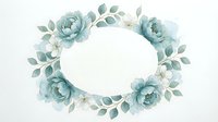 Watercolor floral wreath with soft blue roses and eucalyptus leaves on white background. Elegant botanical frame for wedding invitations and greeting cards.