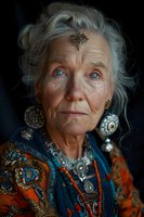 Senior Caucasian woman with striking blue eyes wearing bohemian style clothing, ornate silver jewelry, and traditional ethnic accessories against dark background.