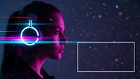Futuristic woman with neon cyberpunk interface and holographic display against starry space background for sci-fi technology concepts.