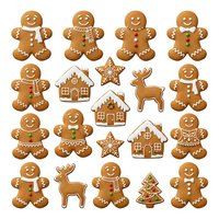 Gingerbread cookie characters and holiday houses with smiling faces, decorated with white icing details. Isolated clipart set ready for festive designs, greeting cards, and seasonal projects.