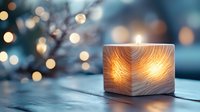 Glowing wooden candle holder with natural grain pattern creates cozy atmosphere against blurred bokeh lights background, perfect for winter holiday decor.
