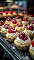 Fresh raspberry cupcakes topped with swirled vanilla buttercream frosting and dusted with powdered sugar, displayed in bakery case for dessert menu or pastry shop.