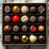 Luxury chocolate truffles and pralines assortment in elegant gift box on marble background. Handcrafted gourmet confectionery with dark, milk and white chocolate.