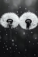 Two delicate dandelion seed heads in black and white against dark background with soft bokeh effect, capturing nature's ethereal beauty in monochrome.