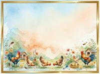 Watercolor farm scene with roosters, hens, and chicks among wildflowers and cottage, isolated on white background with gold frame border, suitable for farmhouse decor, greeting cards, and rustic design projects.