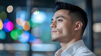 Young Asian businessman in white shirt looking up with hope and determination against blurred city lights background at night for corporate success concepts.